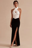 Vestido formal longo de sereia sem costas preto e branco com abertura e fenda