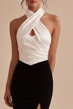 Vestido formal longo de sereia sem costas preto e branco com abertura e fenda