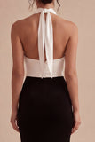 Vestido formal longo de sereia sem costas preto e branco com abertura e fenda