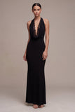 Vestido formal longo de sereia sem costas com capças pretas