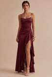 Vestido formal longo de sereia com alças finas com folhos e Borgonha