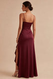 Vestido formal longo de sereia com alças finas com folhos e Borgonha