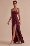 Vestido formal longo de sereia com alças finas com folhos e Borgonha