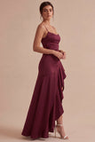 Vestido formal longo de sereia com alças finas com folhos e Borgonha
