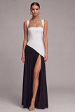 Vestido formal de espartilho preto e branco com gola quadrada e fenda