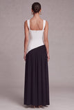 Vestido formal de espartilho preto e branco com gola quadrada e fenda