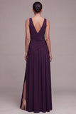 Vestido Formal Ameixa Linha A com decote em V e Strass