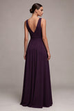Vestido Formal Ameixa Linha A com decote em V e Strass