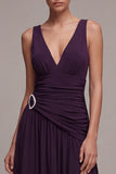 Vestido Formal Ameixa Linha A com decote em V e Strass