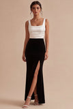 Vestido Formal de Sereia Preto e Branco com decote quadrado e fenda