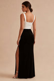 Vestido Formal de Sereia Preto e Branco com decote quadrado e fenda