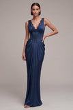 Vestido Formal de Cetim Espartilho Sereia Azul-Marinho com Renda