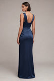 Vestido Formal de Cetim Espartilho Sereia Azul-Marinho com Renda