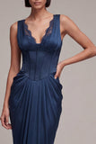 Vestido Formal de Cetim Espartilho Sereia Azul-Marinho com Renda