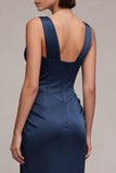 Vestido Formal de Cetim Espartilho Sereia Azul-Marinho com Renda