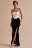 Vestido formal de alças finas preto e branco de sereia com fenda
