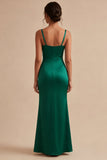 Vestido formal de sereia longa e franzida verde-escuro