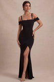 Vestido formal preto de ombros frios com franzidas e sereia longa e fenda