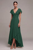Vestido formal verde escuro com decote em V alto e baixo linha A