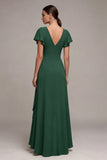 Vestido formal verde escuro com decote em V alto e baixo linha A