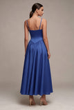 Vestido formal longo de alças finas azul real Cintura Basca Linha A