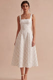 Vestido A Line Midi Polka Dots com Alças Grossas Brancas e Pretas