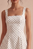 Vestido A Line Midi Polka Dots com Alças Grossas Brancas e Pretas