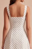Vestido A Line Midi Polka Dots com Alças Grossas Brancas e Pretas
