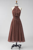 Vestido Midi Polka Dots, branco café branco A-Line A-Line com gola de chiffon sem costas