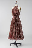 Vestido Midi Polka Dots, branco café branco A-Line A-Line com gola de chiffon sem costas