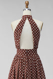 Vestido Midi Polka Dots, branco café branco A-Line A-Line com gola de chiffon sem costas