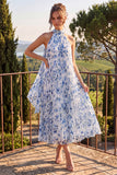 Vestido Azul A Line Halter Plissado Midi Floral