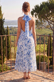 Vestido Azul A Line Halter Plissado Midi Floral