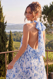 Vestido Azul A Line Halter Plissado Midi Floral