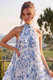 Vestido Azul A Line Halter Plissado Midi Floral