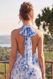 Vestido Azul A Line Halter Plissado Midi Floral