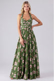 Vestido de dama de honor verde com decote halter em chiffon, flor franzido em linha A, vestido comprido