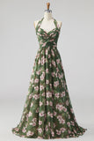 Vestido de dama de honor verde com decote halter em chiffon, flor franzido em linha A, vestido comprido