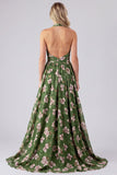 Vestido de dama de honor verde com decote halter em chiffon, flor franzido em linha A, vestido comprido