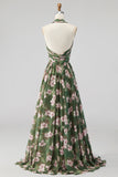 Vestido de dama de honor verde com decote halter em chiffon, flor franzido em linha A, vestido comprido