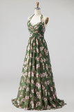 Vestido de dama de honor verde com decote halter em chiffon, flor franzido em linha A, vestido comprido