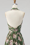 Vestido de dama de honor verde com decote halter em chiffon, flor franzido em linha A, vestido comprido
