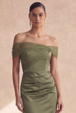 Vestido de Dama de Honor com Franzidos de Sereia Oliva com Ombros Descobertos
