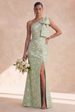 Vestido de dama de honor sereia floral de sálvia de um ombro
