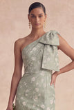 Vestido de dama de honor sereia floral de sálvia de um ombro