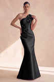 Vestido formal longo de cetim preto de uma sereia com um ombro e flores 3D