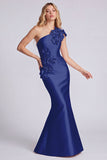 Vestido formal longo de cetim preto de uma sereia com um ombro e flores 3D