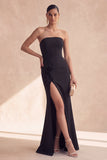 Vestido Formal Longo Floral Sem Alças Preto Sem Alças com Fenda