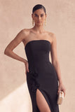 Vestido Formal Longo Floral Sem Alças Preto Sem Alças com Fenda