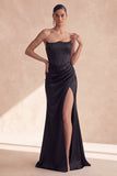 Vestido formal longo em forma de sereia de cetim preto sem alças, franzido